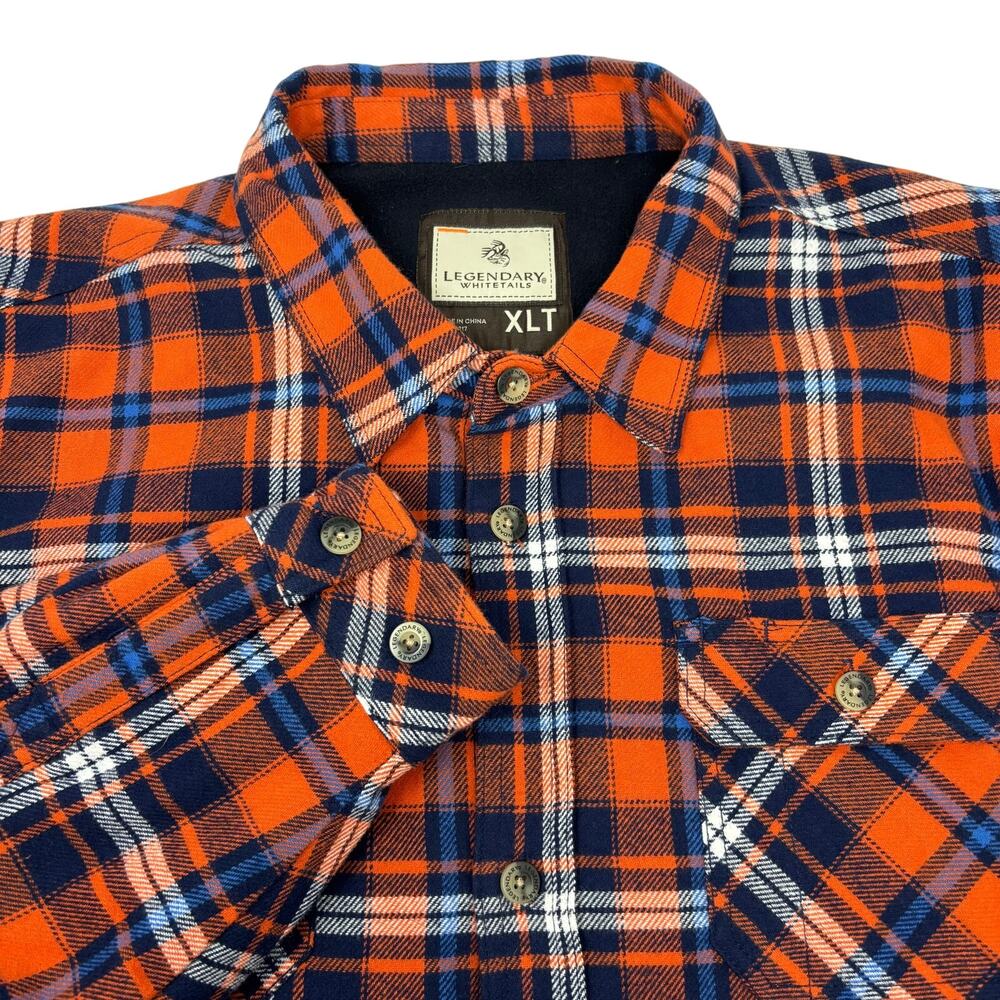 Legendary Mens XLT Orange Blue Plaid Fleece Lined Long Sleeve Shacket w/ Pockets